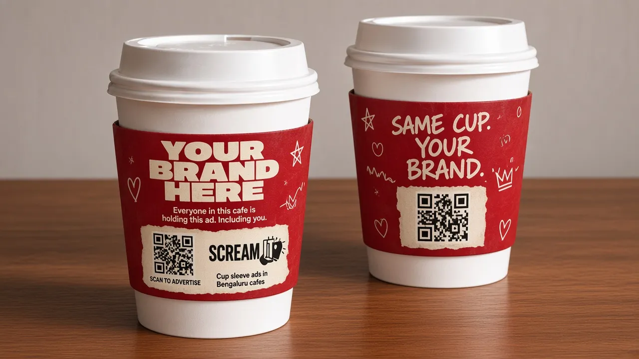 Two coffee cups wearing red Scream It sleeves reading Your Brand Here, on a wooden café table