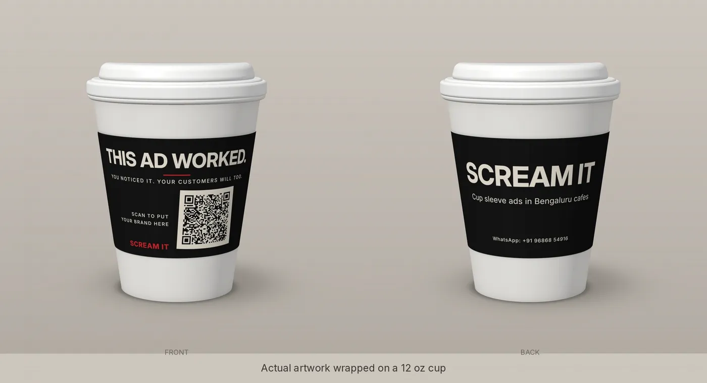 Scream It coffee cups with custom black advertising sleeves, front and back artwork on a 12 oz cup